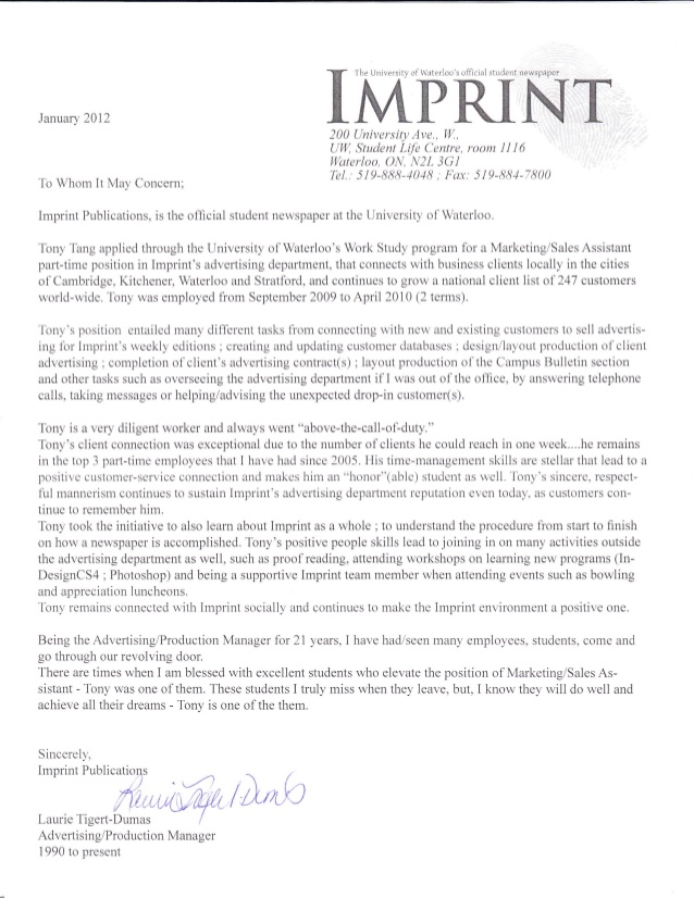 Imprint Reference Letter from Advertising Production and Operations