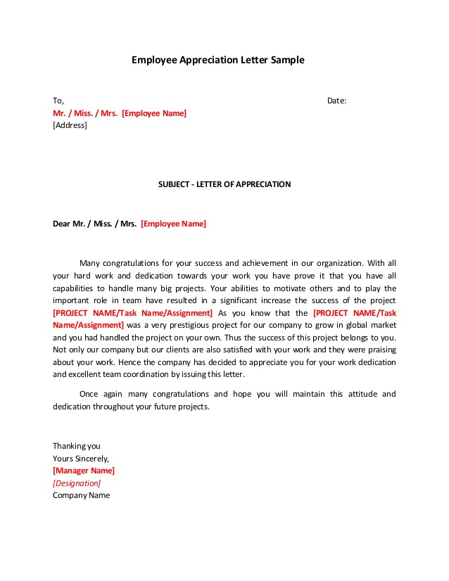 Employee Appreciation Letter Sample
