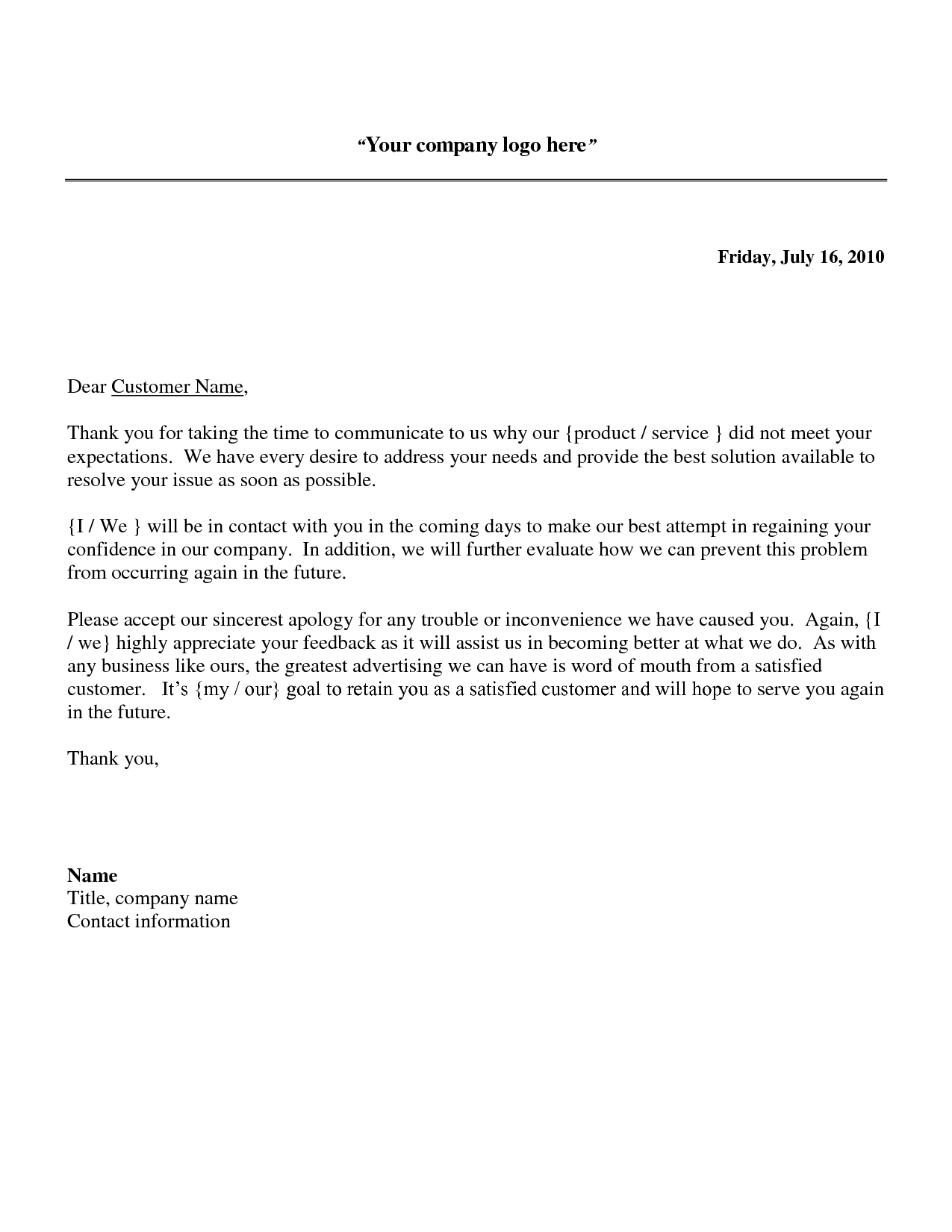 apology letter to customer for error | business letter template