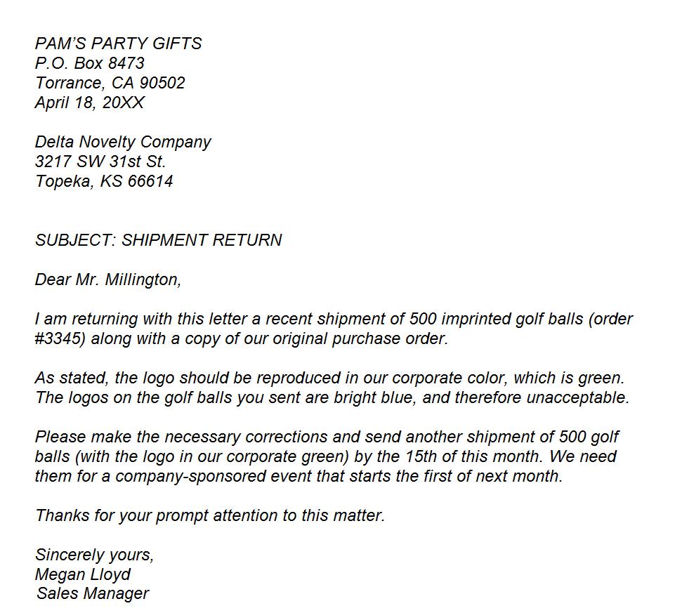 EXAMPLE 'Business Letter of Complaint'