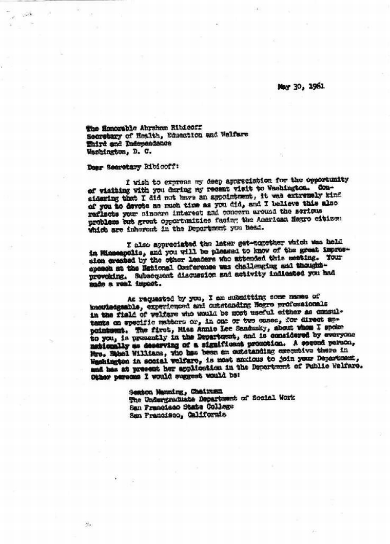 May 30, 1961 Carbon copy of letter John F. Kennedy Presidential 