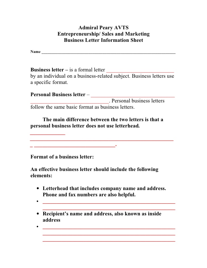 Business Letter Information Sheet Student Copy