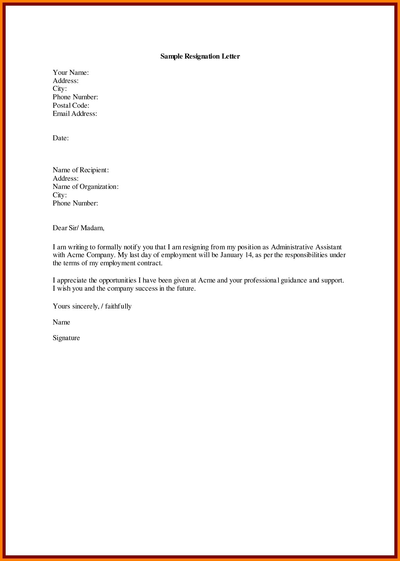 Sample Resignation Letter Template Doc Copy Samples Of Resignation 