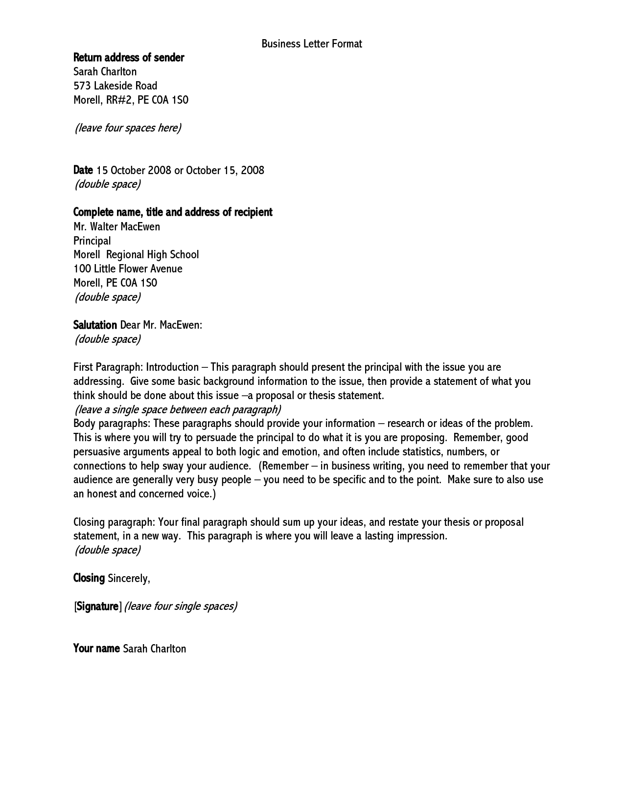 Business Letter Format Return Address Of Sender Sarah Charlton 