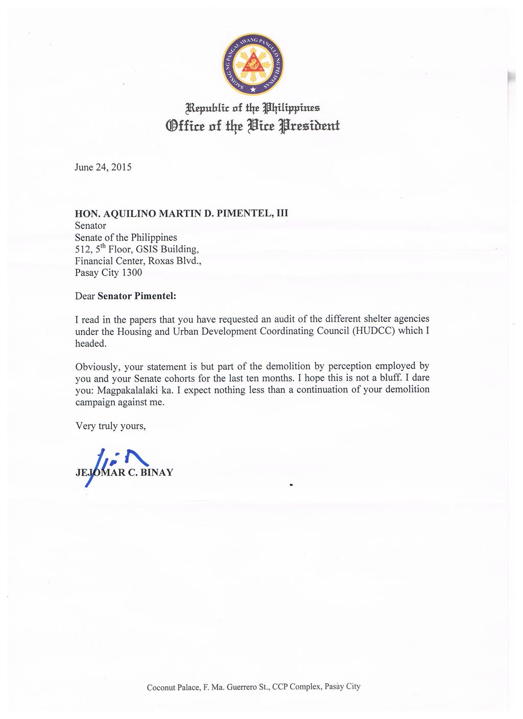 LOOK: VP Binay's letter to Sen. Koko Pimentel taunting 