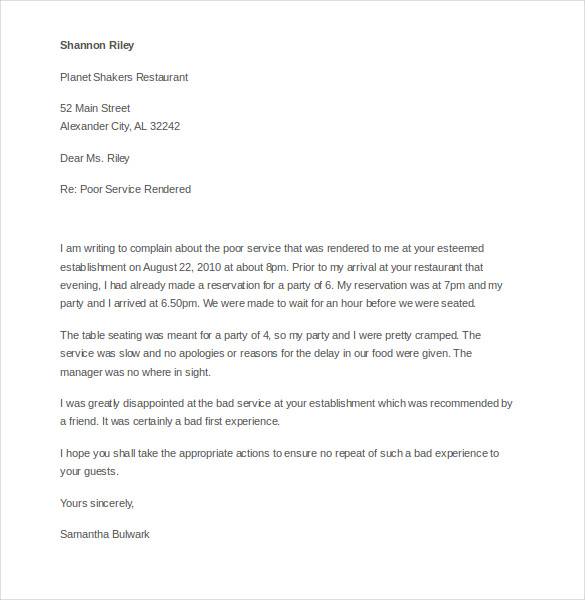 complaint letter template for poor customer service service 