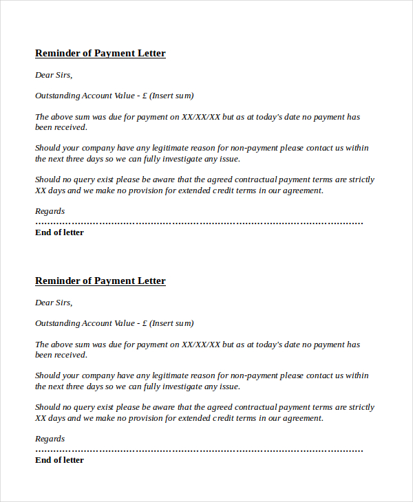payment notification letter template payment reminder letter 