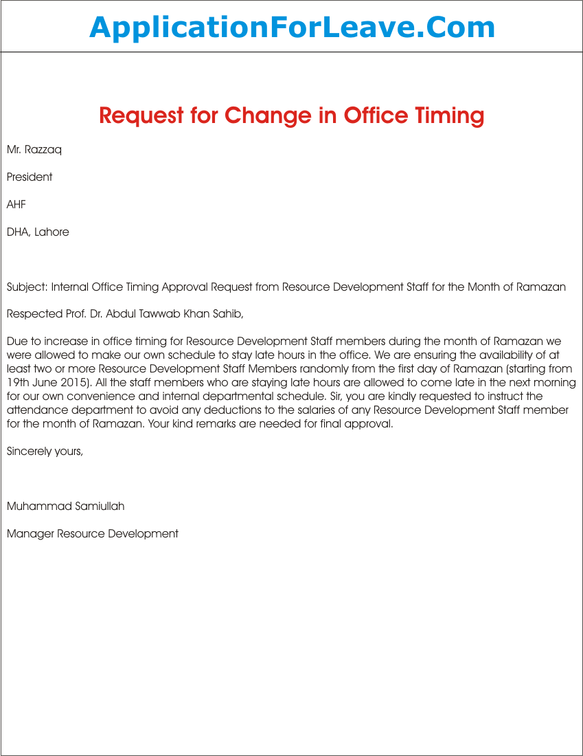 Request Letter for Approval of Change in Internal Office Timing